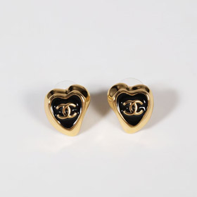 Chanel black enamel love double C gold edge earrings-3739  