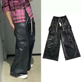 Rick Ownens retro high-end multi-pocket shiny leather pants for men and women loose wide-leg pants-2461
