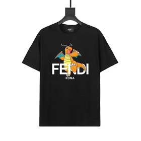 FENDI Letter Cartoon Pattern Print Round Neck Casual Short Sleeve T-shirt-2802  